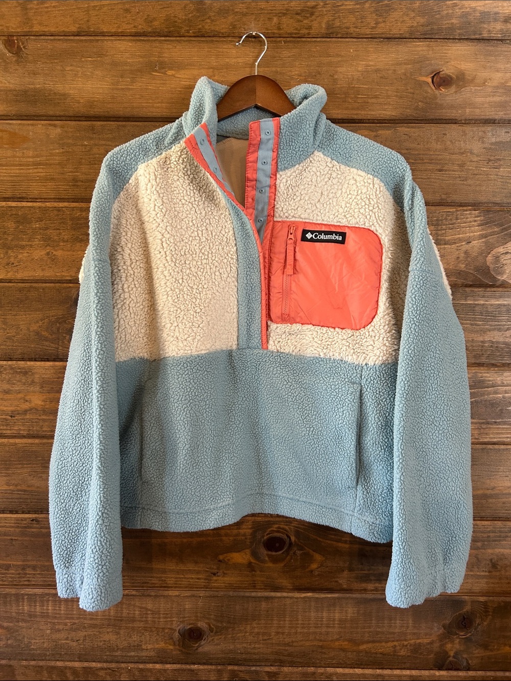 Columbia Light Blue Cream Sherpa Pullover with Coral Pocket